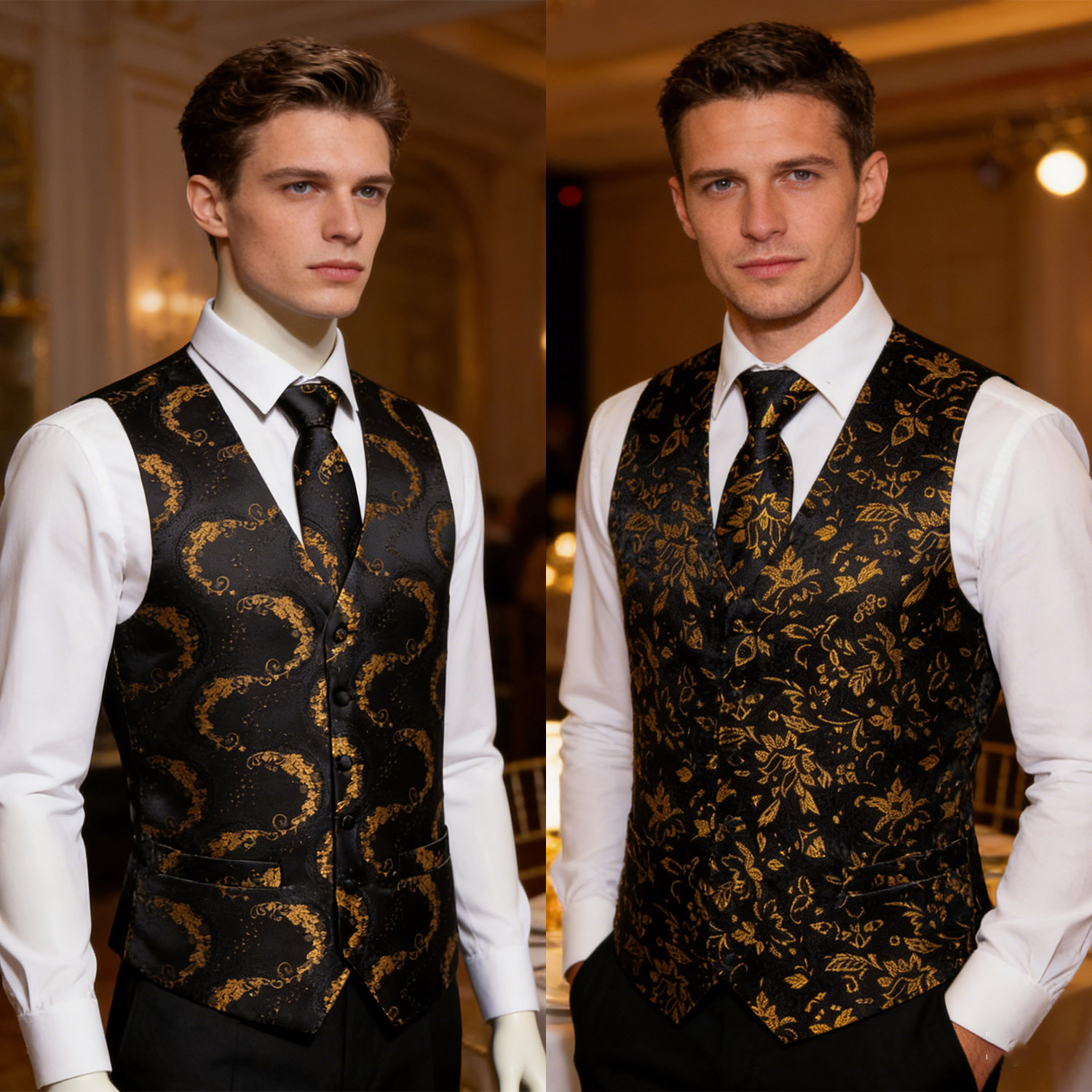 Formal Vest Waistcoat - Men's Luxury Golden Black Floral Paisley