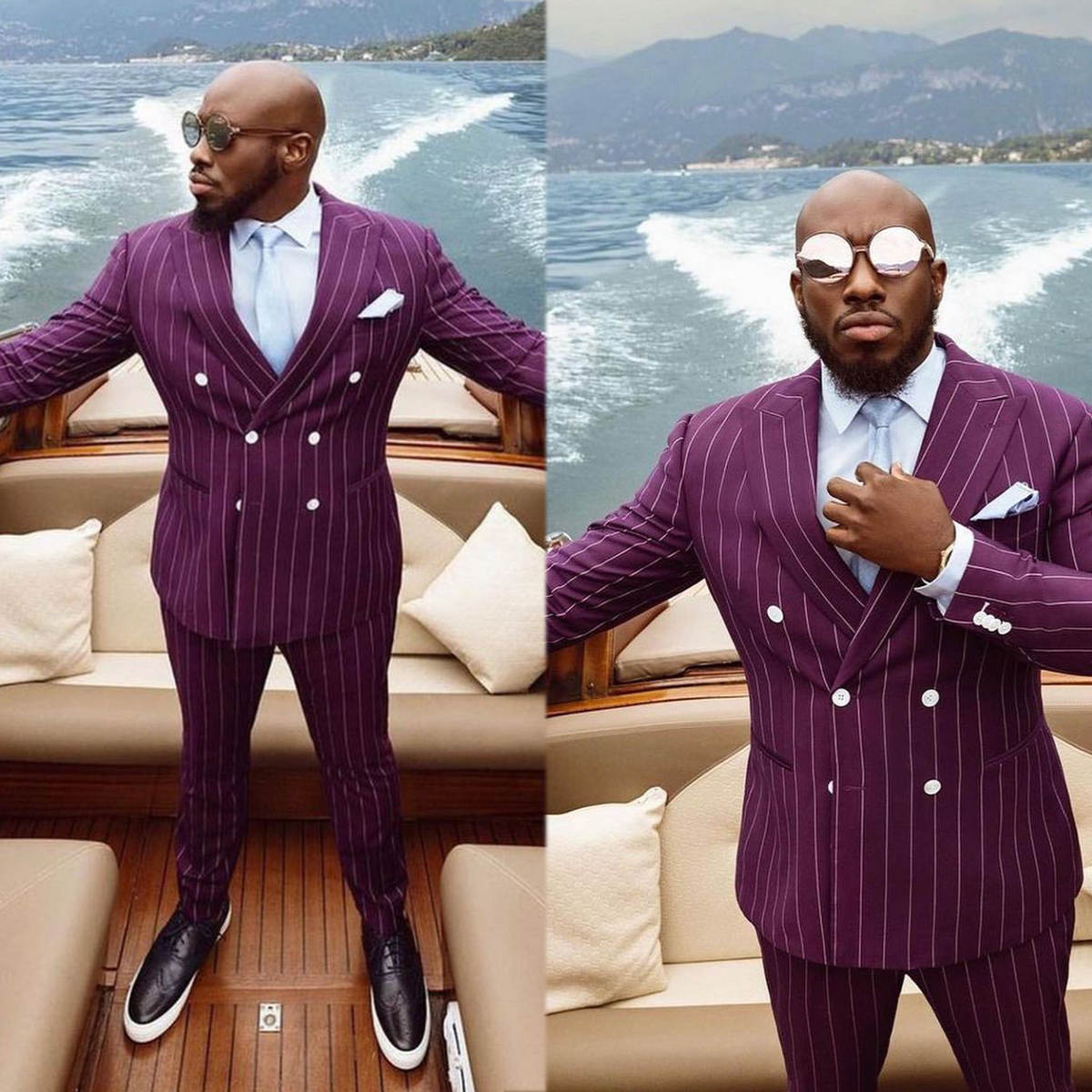 Men Formal Wear Purple - purple Striped Mens Wedding Tuxedos Double