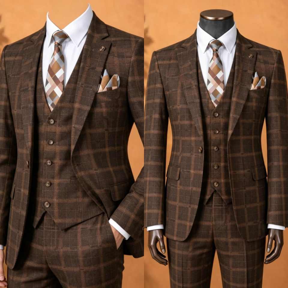 Formal Men Party Wear Jacket - Elegant Brown Plaid Men 3 Piece