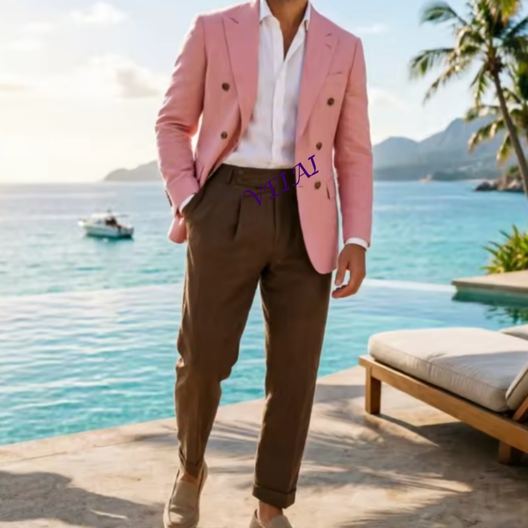 Formal Men Party Wear Jacket - Customized 2 Piece Beige Linen Men's