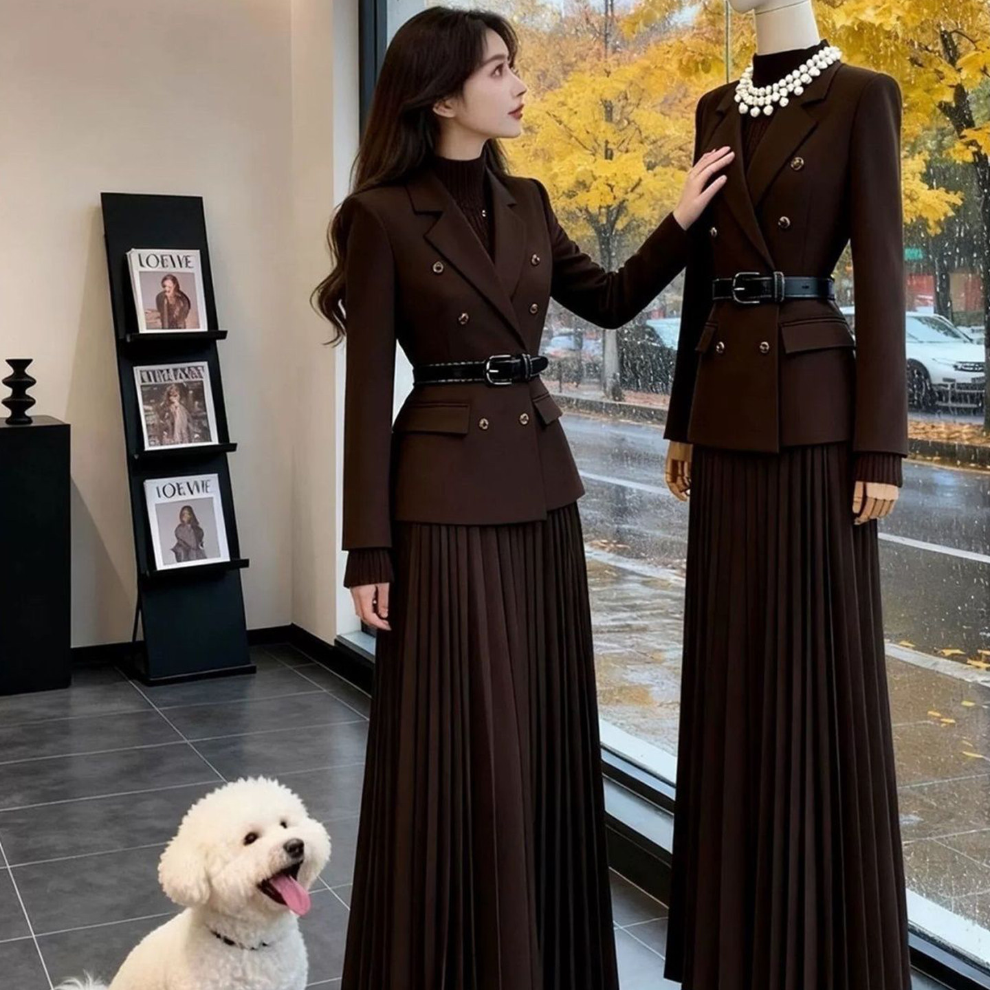 Women Brown Two Piece Suit Set - Men'S Formal Wear Belt review and price