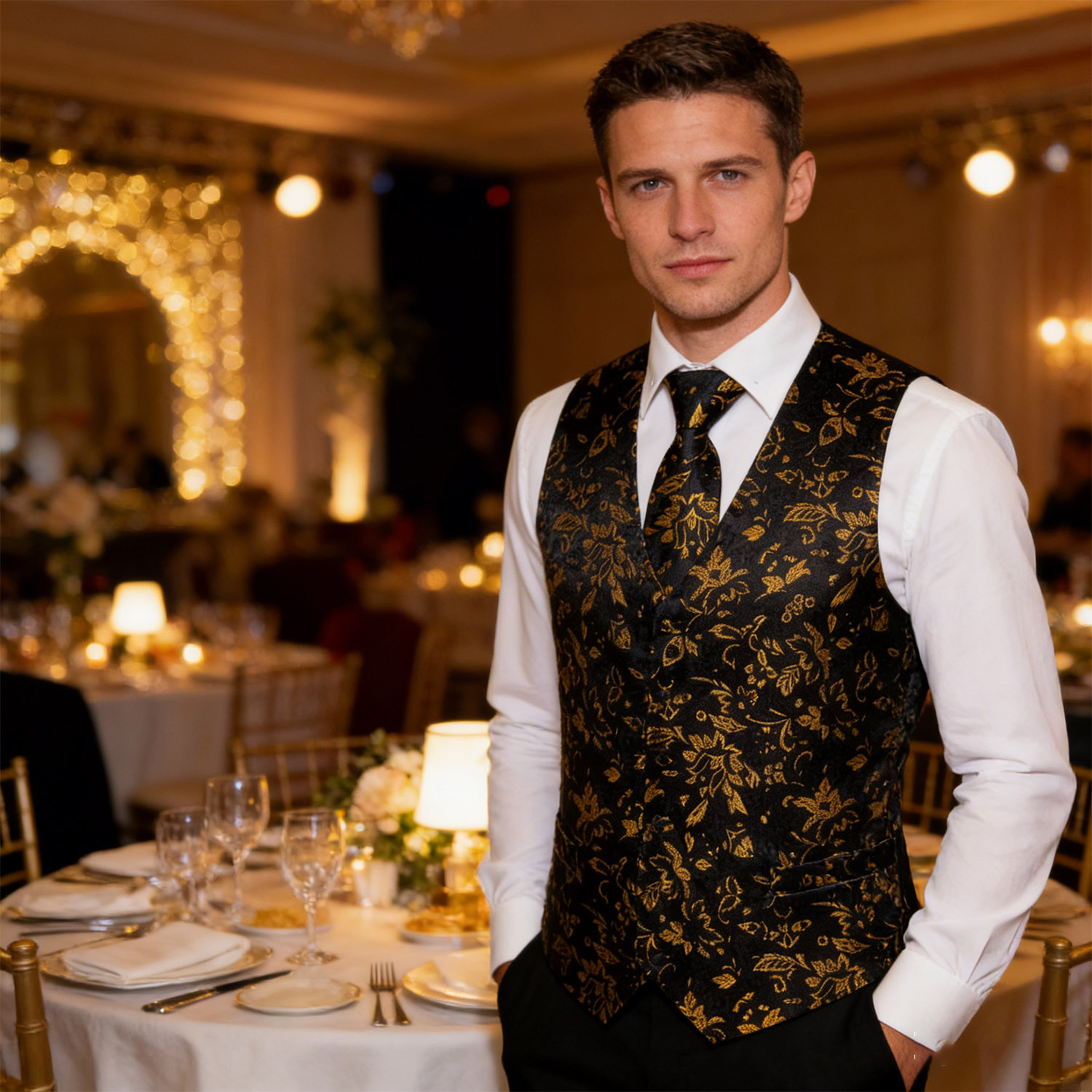 Men's Luxury Golden Black Flor - Formal Vest Waistcoat review and price