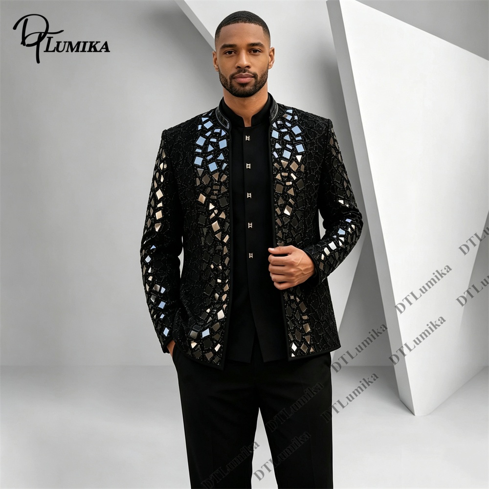 Men Black Mandarin Collar Suit - Men Formal Wear Office review and price